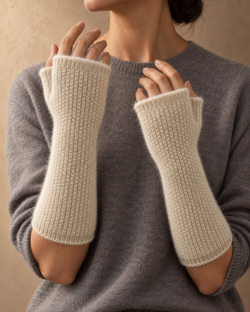 Long Fingerless Mitts in Cashmere, Cream, front view