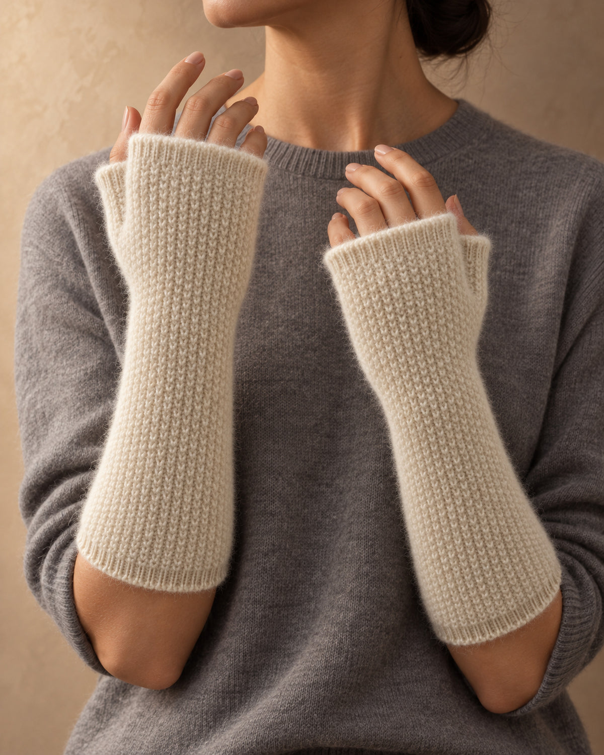 Long Fingerless Mitts in Cashmere, Cream, front view