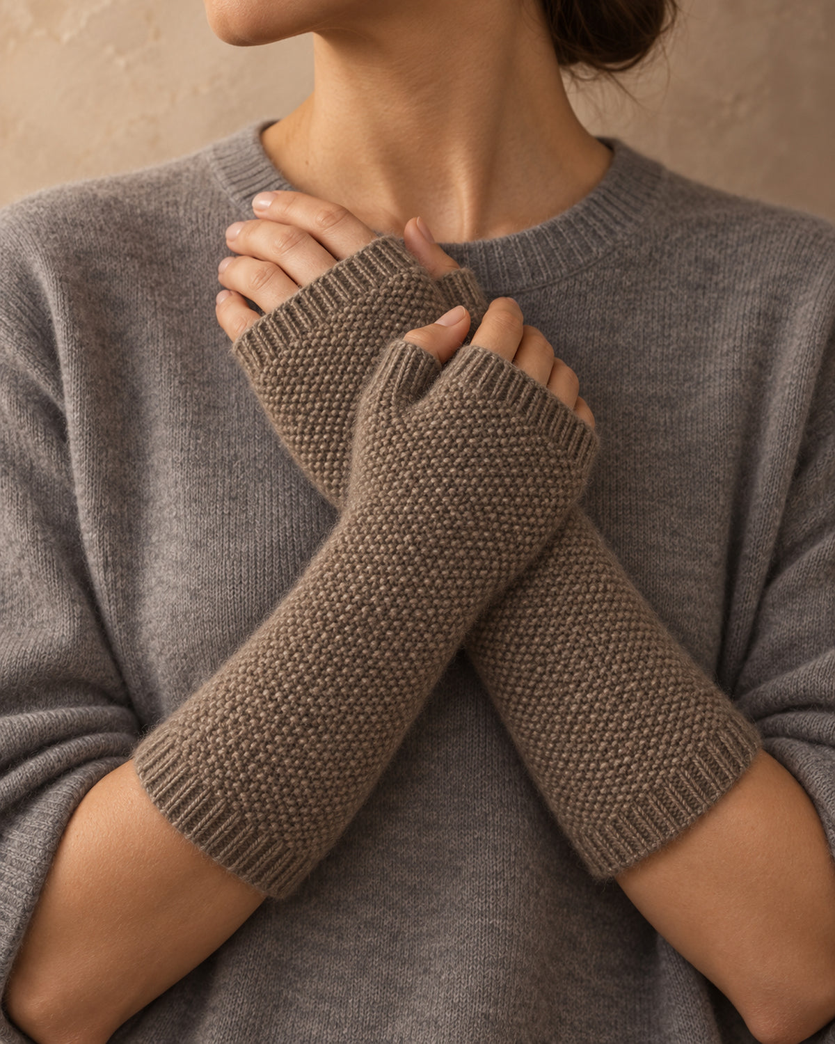 Long Fingerless Mitts in Cashmere, Grey, front view