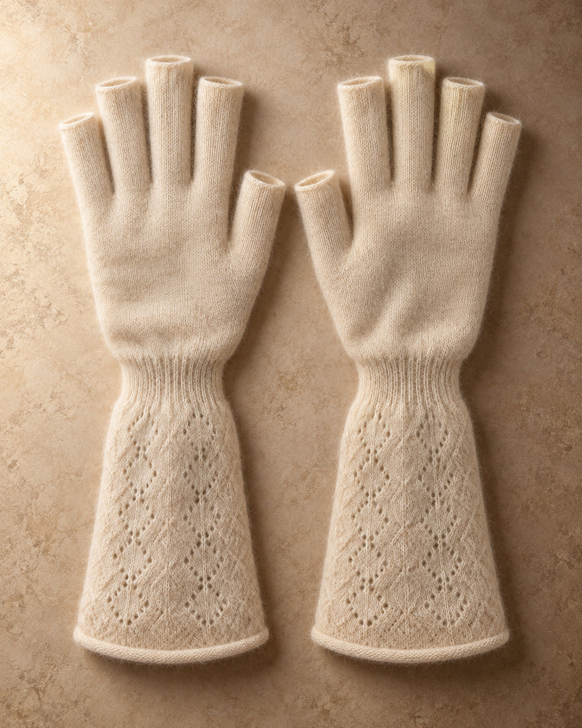 Men's Long Fingerless Gloves in Cashmere, Cream, flat view