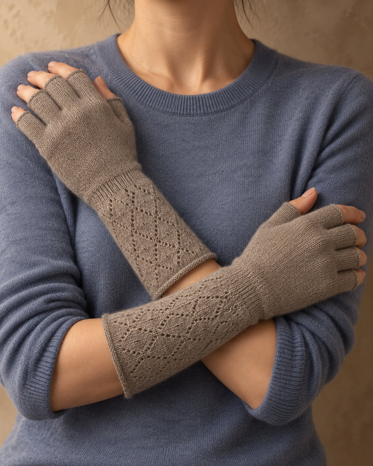 Men's Long Fingerless Gloves in Cashmere, Grey, front view