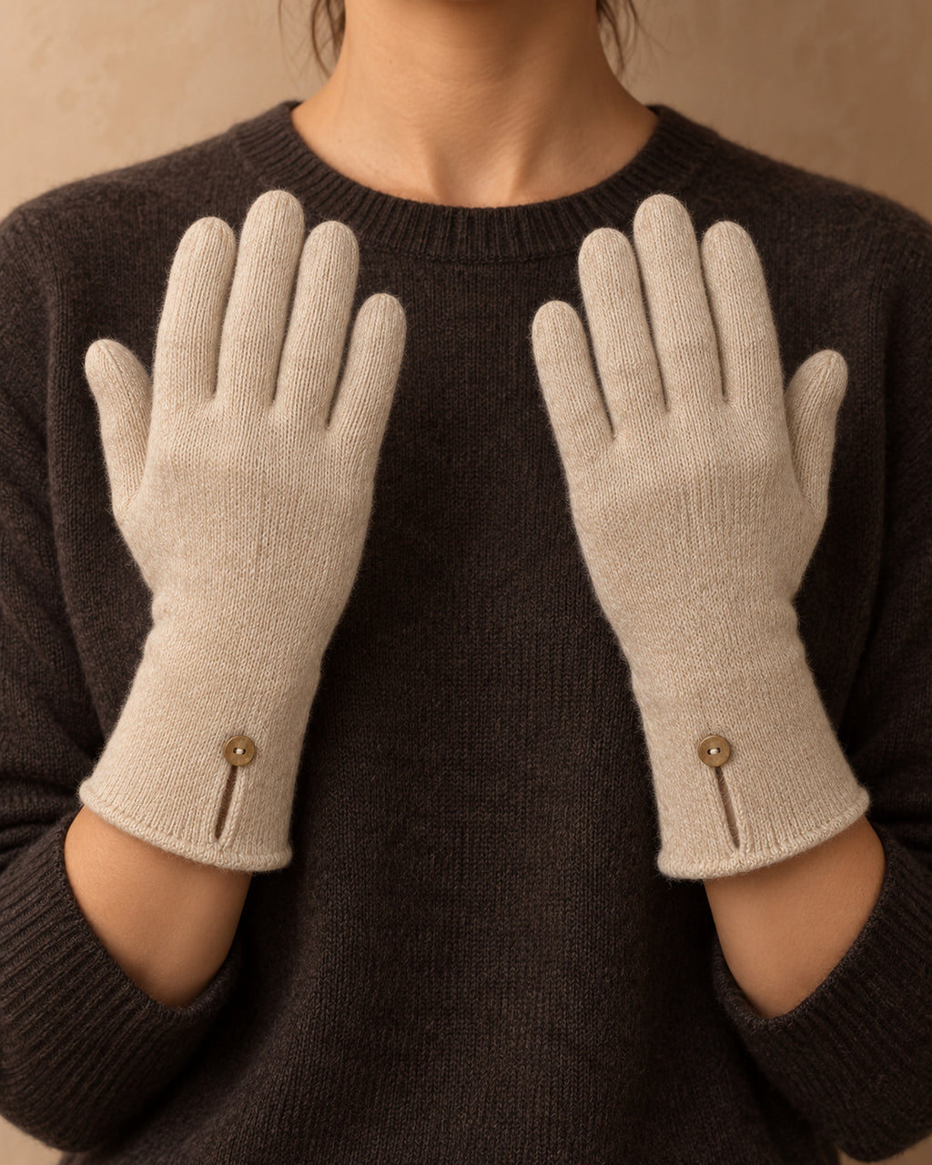 Button-Cuff Gloves in Cashmere, Cream, front view