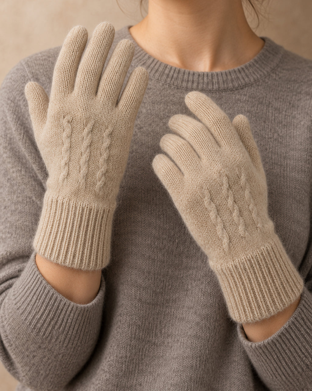 Wren Cashmere Cable-Back Gloves, Light beige, front view