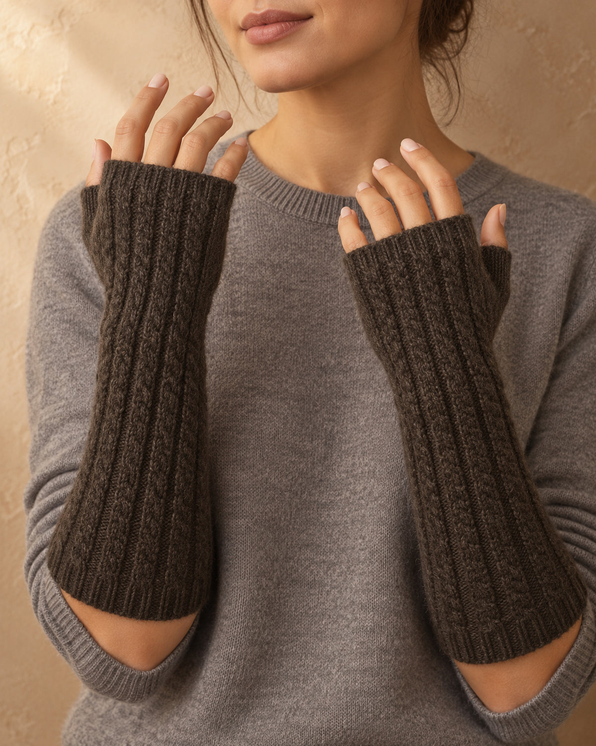 Bunting Yak Wool Long Fingerless Gloves, Brown, front view