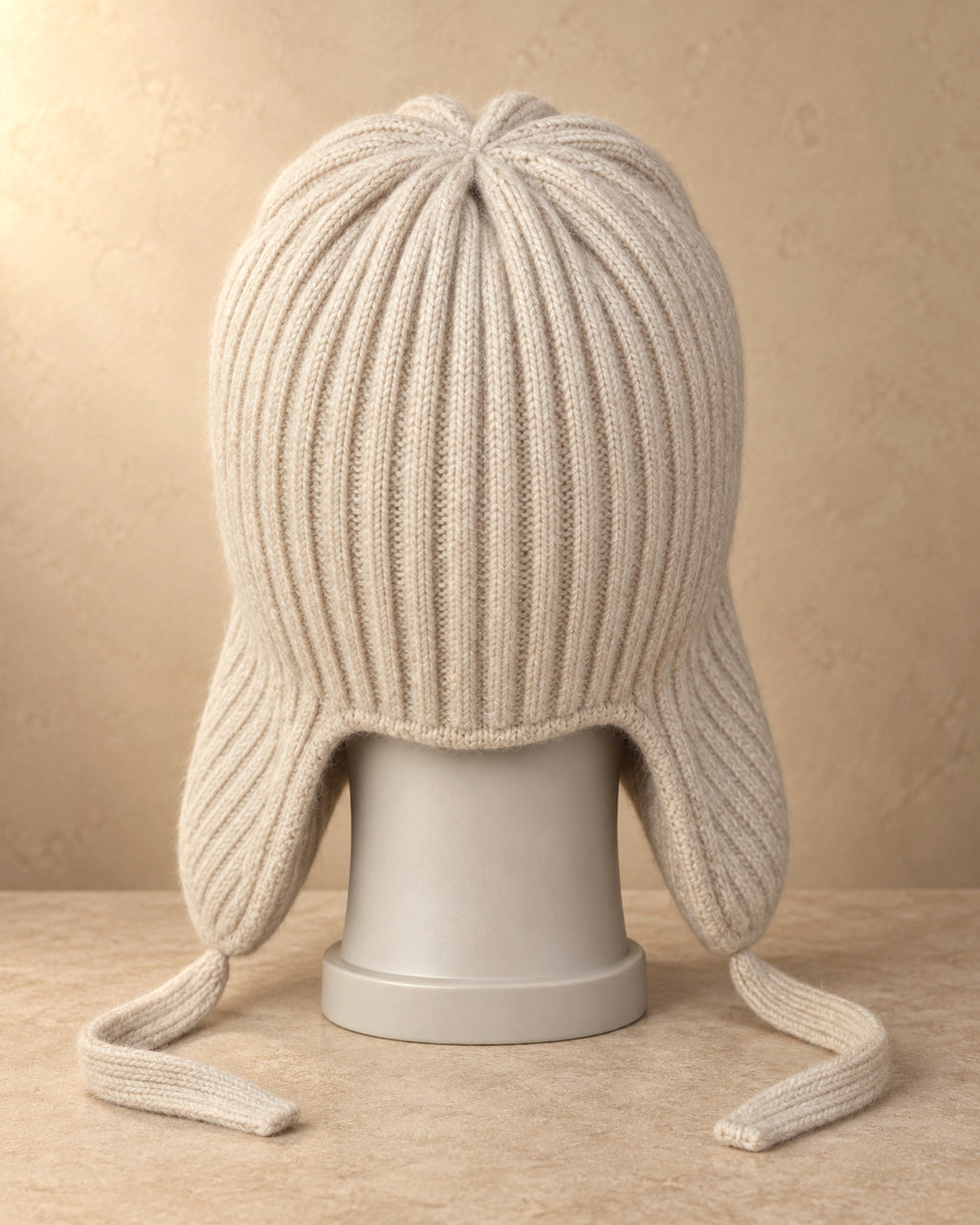 Ribbed Trapper Hat in Cashmere, Beige, back view