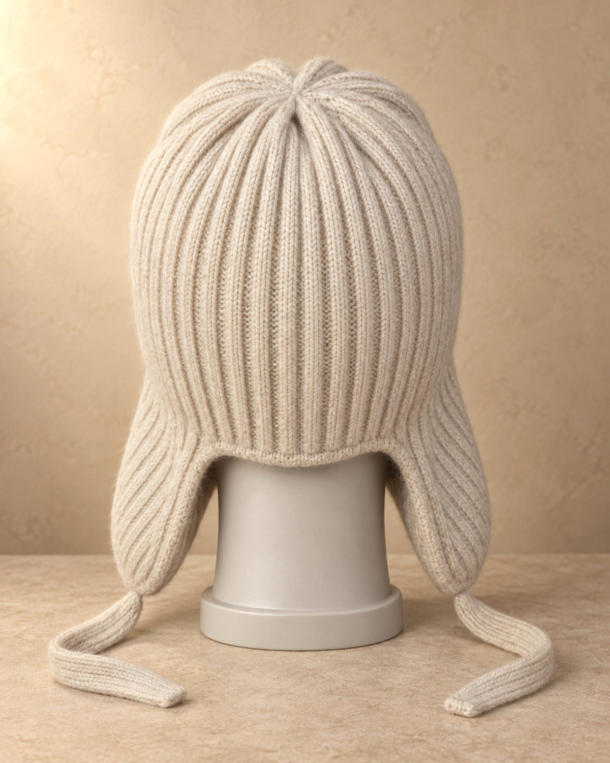 Ribbed Trapper Hat in Cashmere, Beige, back view