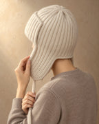 Ribbed Trapper Hat in Cashmere, Beige, worn view