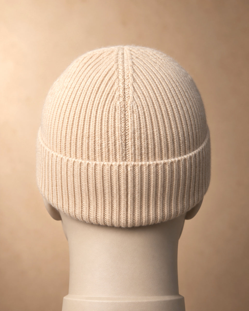 Men's Ribbed Beanie in Cashmere, Beige, back view