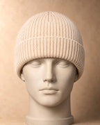 Men's Ribbed Beanie in Cashmere, Beige, front view