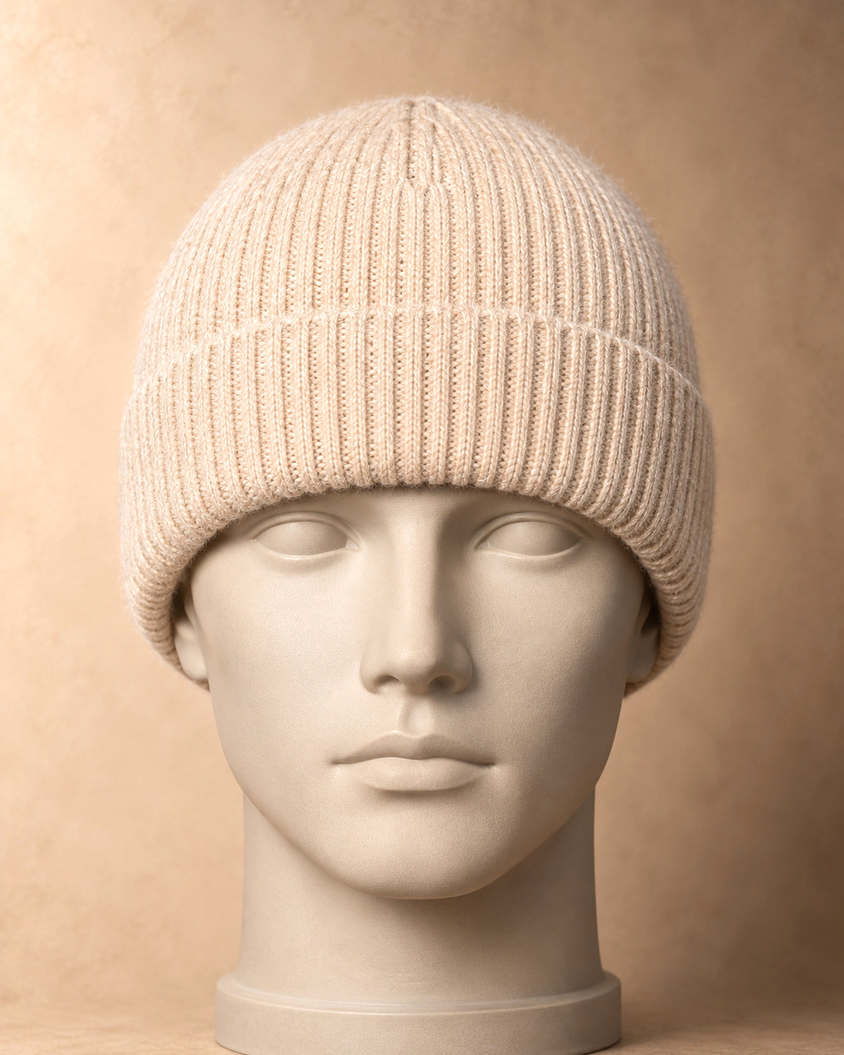 Men's Ribbed Beanie in Cashmere, Beige, front view