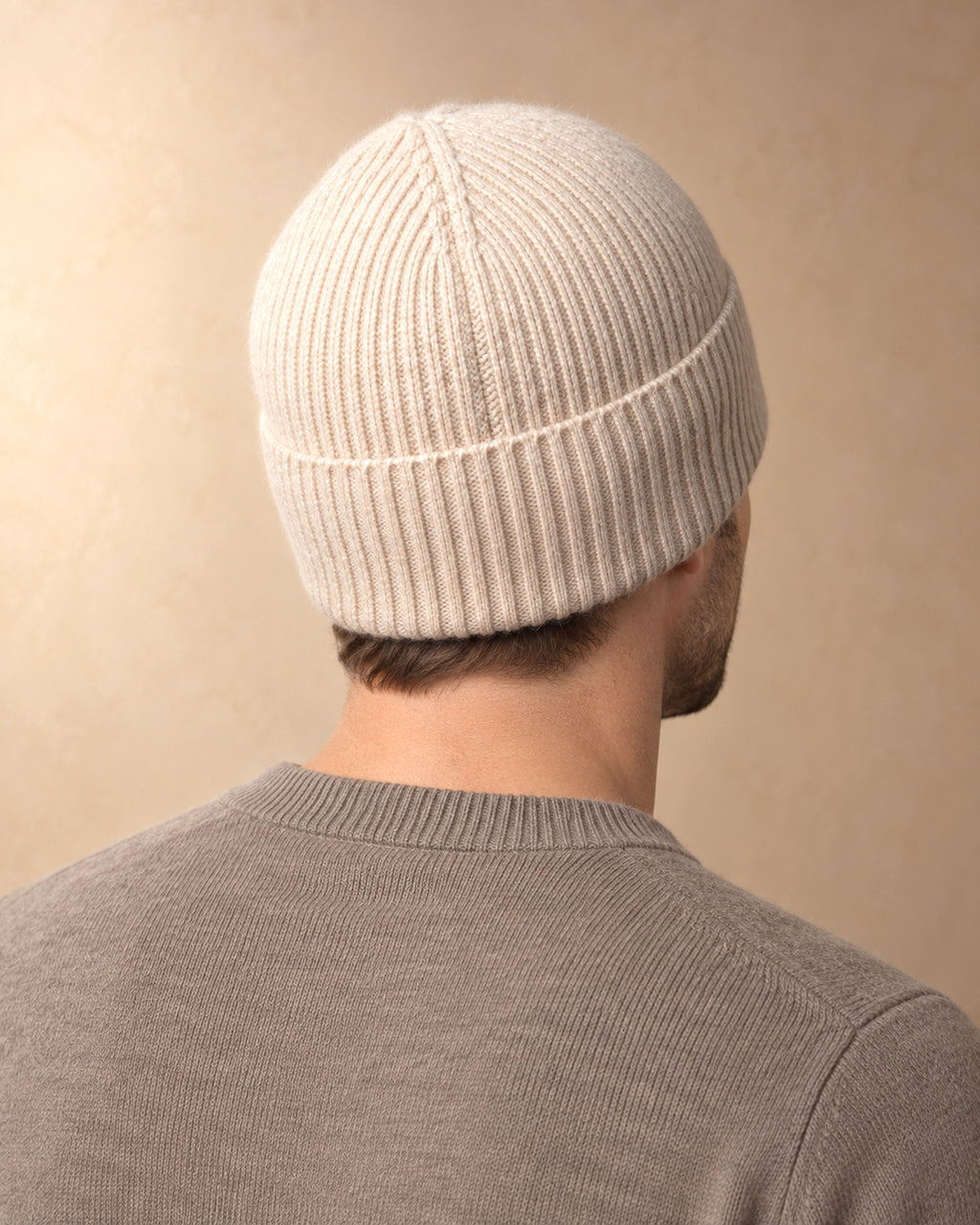 Men's Ribbed Beanie in Cashmere, Beige, worn view