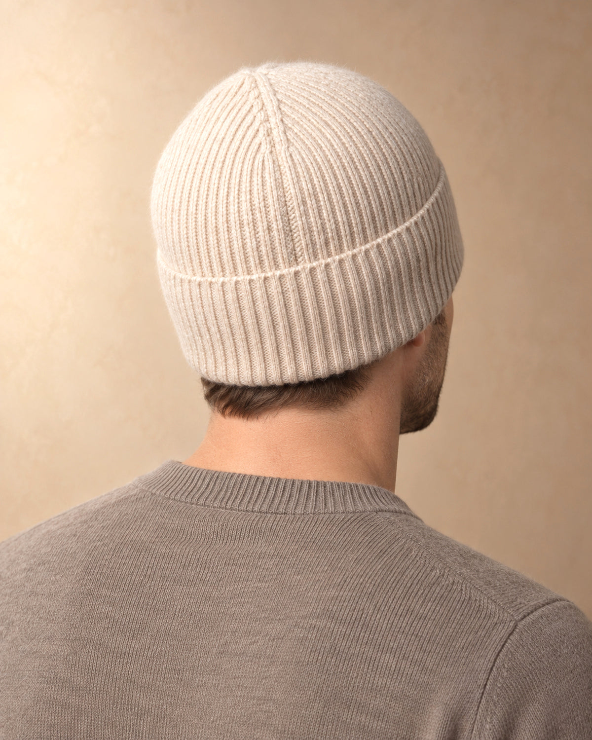 Men's Ribbed Beanie in Cashmere, Beige, worn view