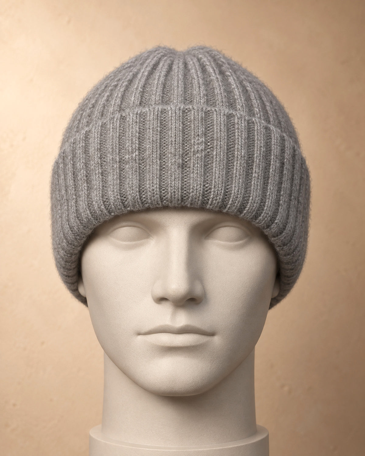 Men's Ribbed Beanie in Cashmere, Grey, front view