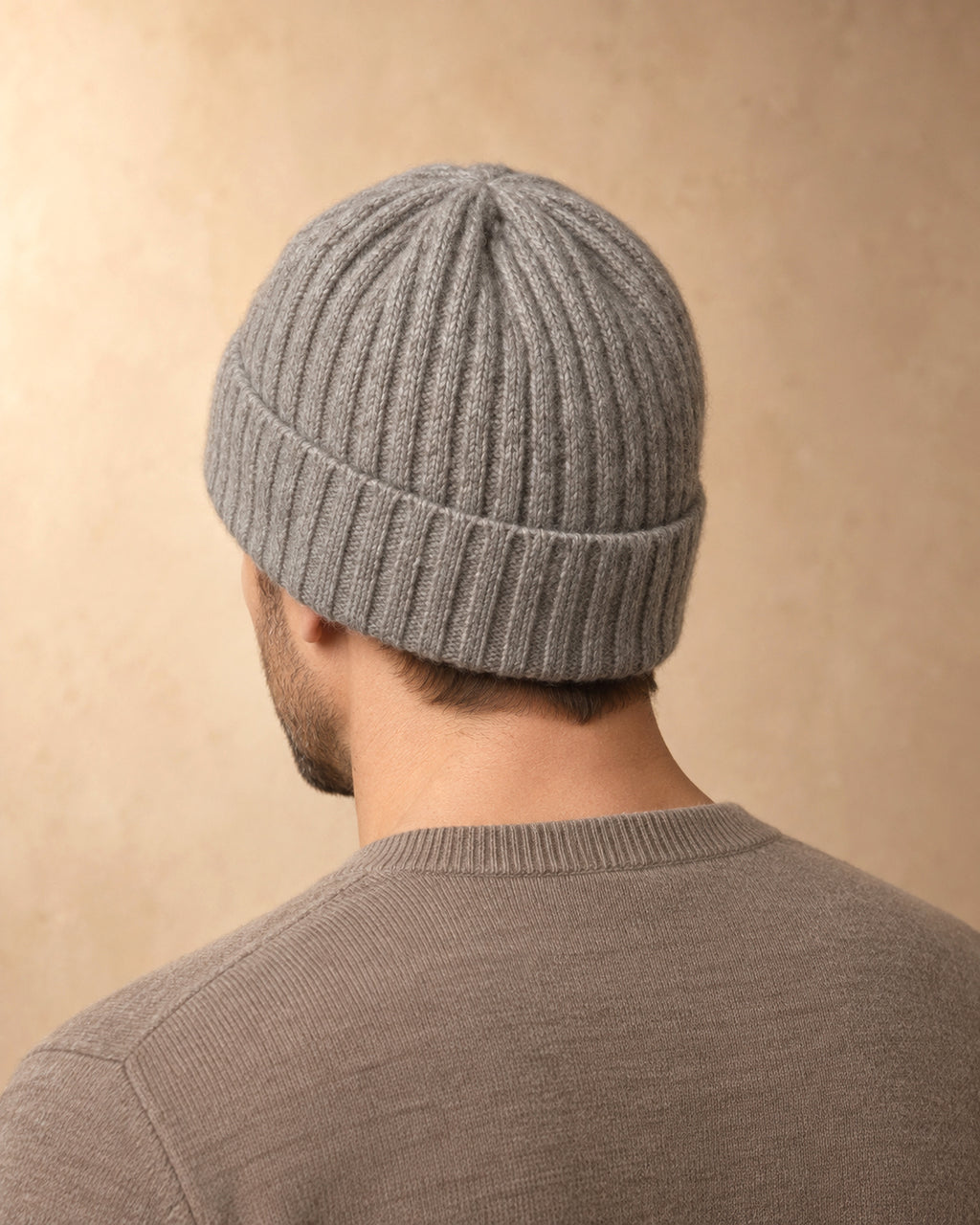 Men's Ribbed Beanie in Cashmere, Grey, worn view