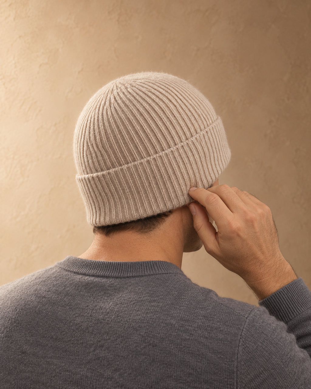 Rook Cashmere Cuffed Beanie, Beige, worn view
