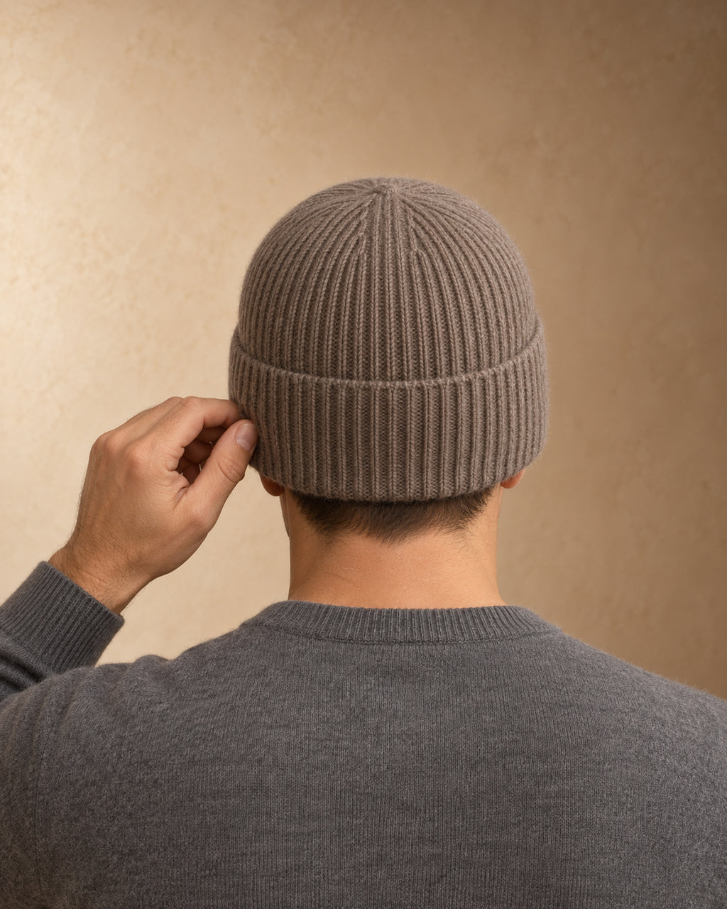 Rook Cashmere Cuffed Beanie, Grey-brown, worn view