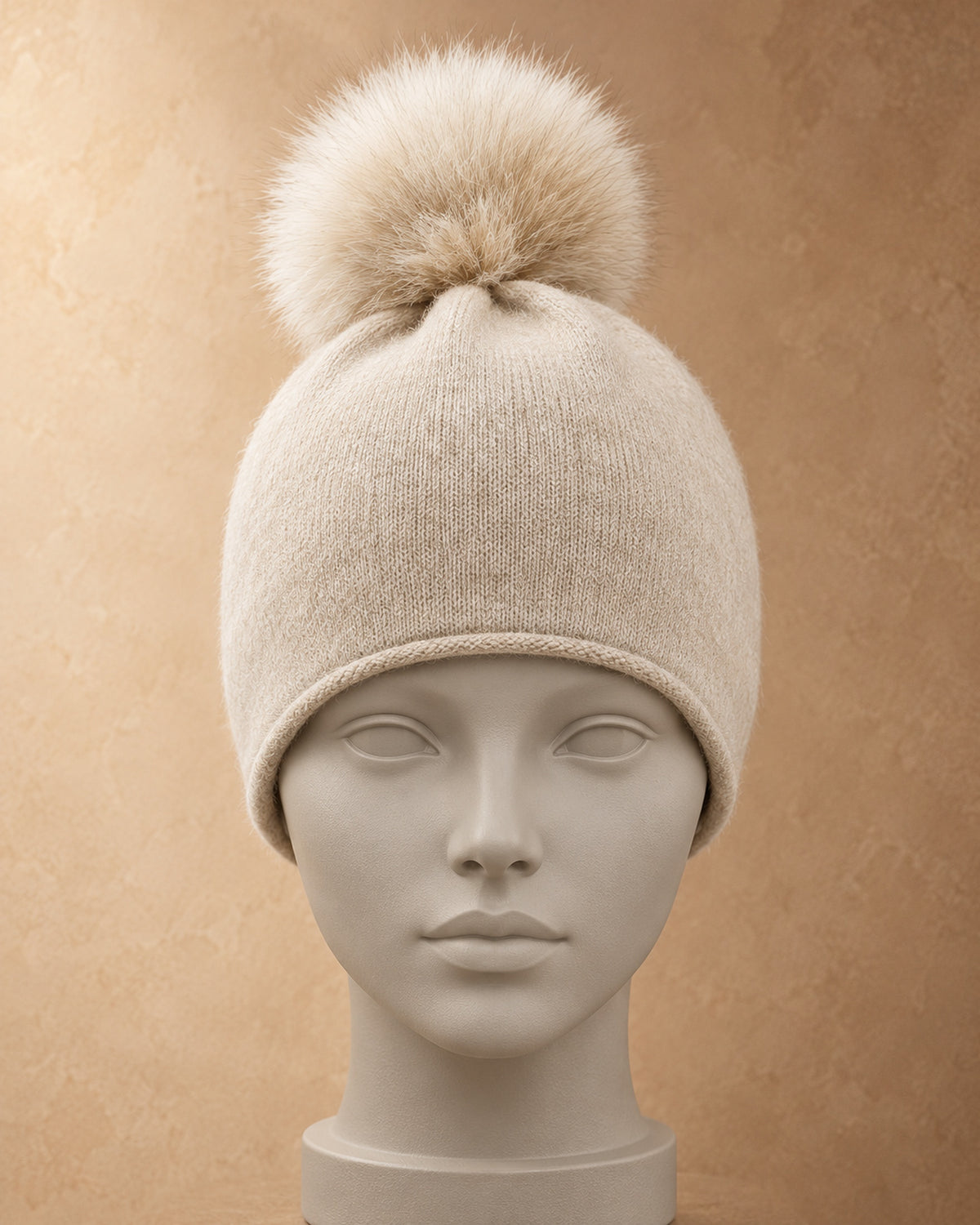Robin Cashmere Pompom Beanie, Beige, front view