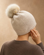 Robin Cashmere Pompom Beanie, Beige, worn view