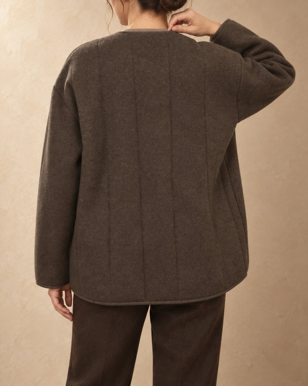 Bactrian Wool Quilted Knit Jacket, Brown, back view