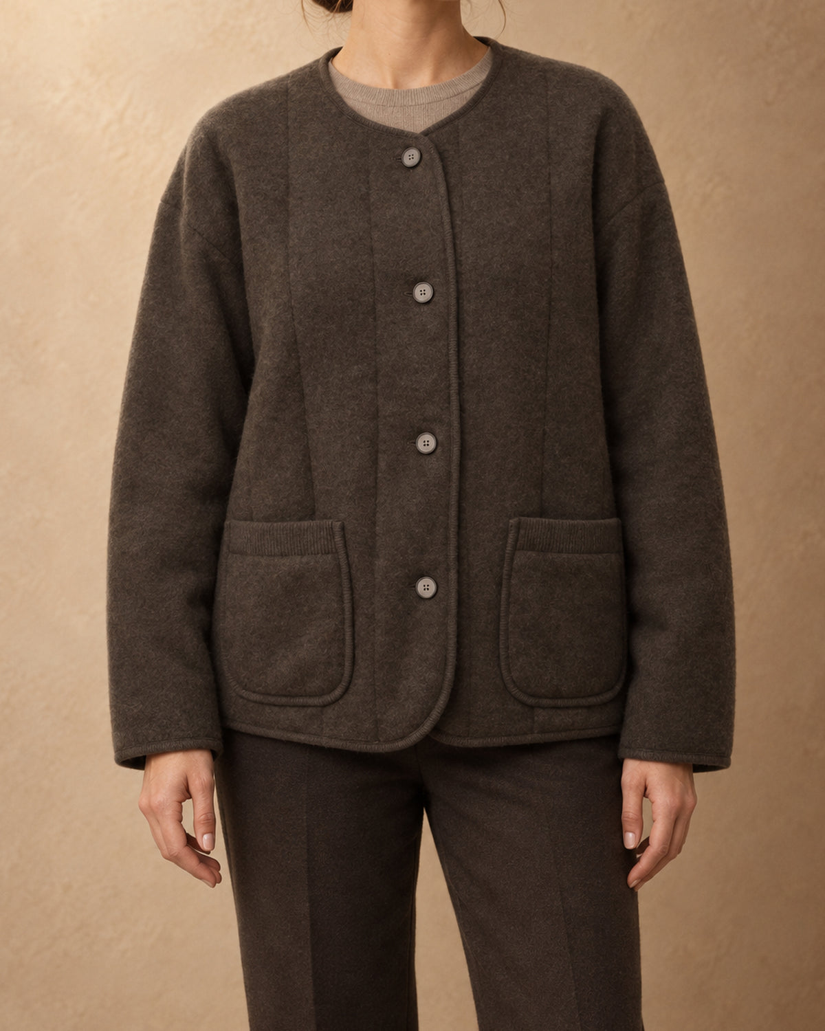 Bactrian Wool Quilted Knit Jacket, Brown, front view