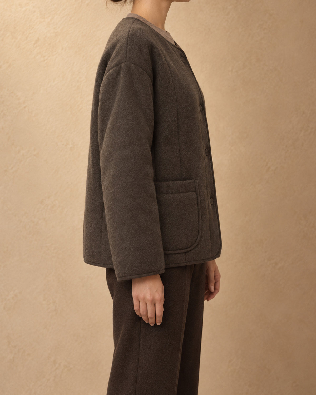 Bactrian Wool Quilted Knit Jacket, Brown, side view
