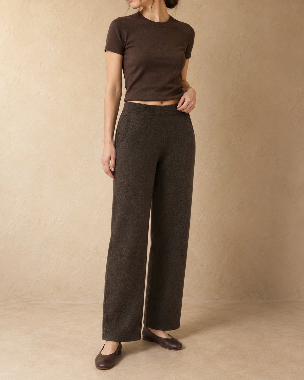 Straight-Leg Knit Trousers in Yak Wool, Brown, 3q view