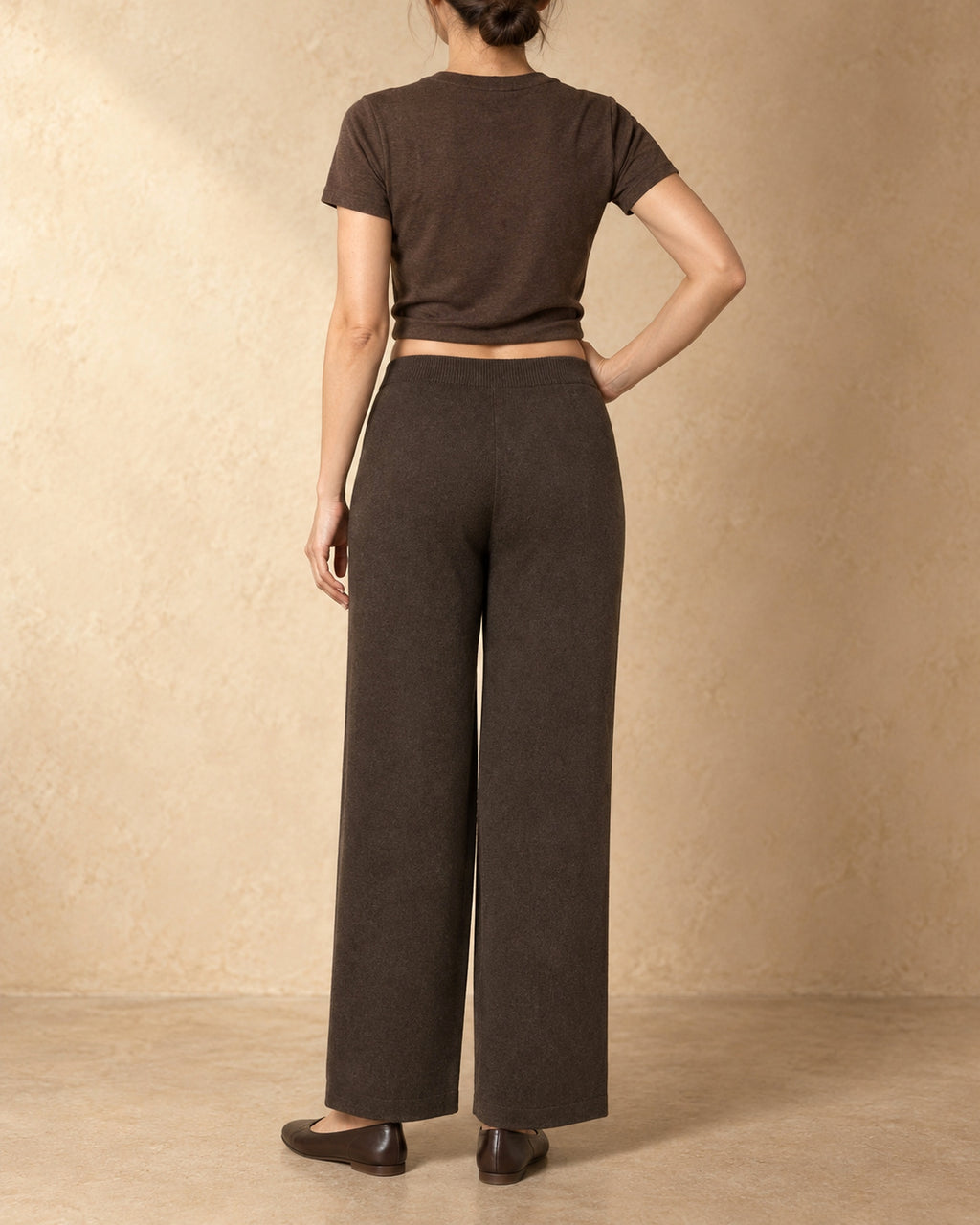 Straight-Leg Knit Trousers in Yak Wool, Brown, back view