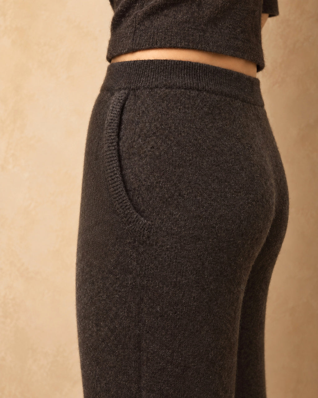 Straight-Leg Knit Trousers in Yak Wool, Brown, detail view