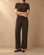 Straight-Leg Knit Trousers in Yak Wool, Brown, front view