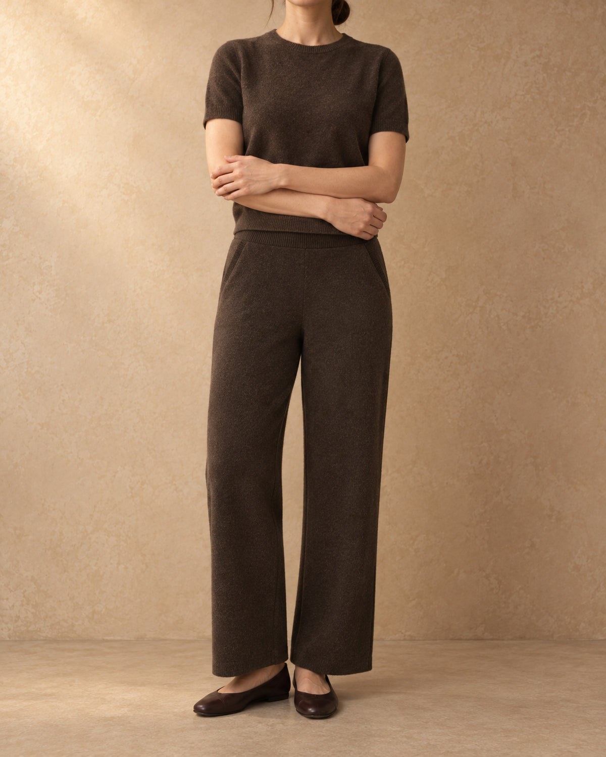 Straight-Leg Knit Trousers in Yak Wool, Brown, front view