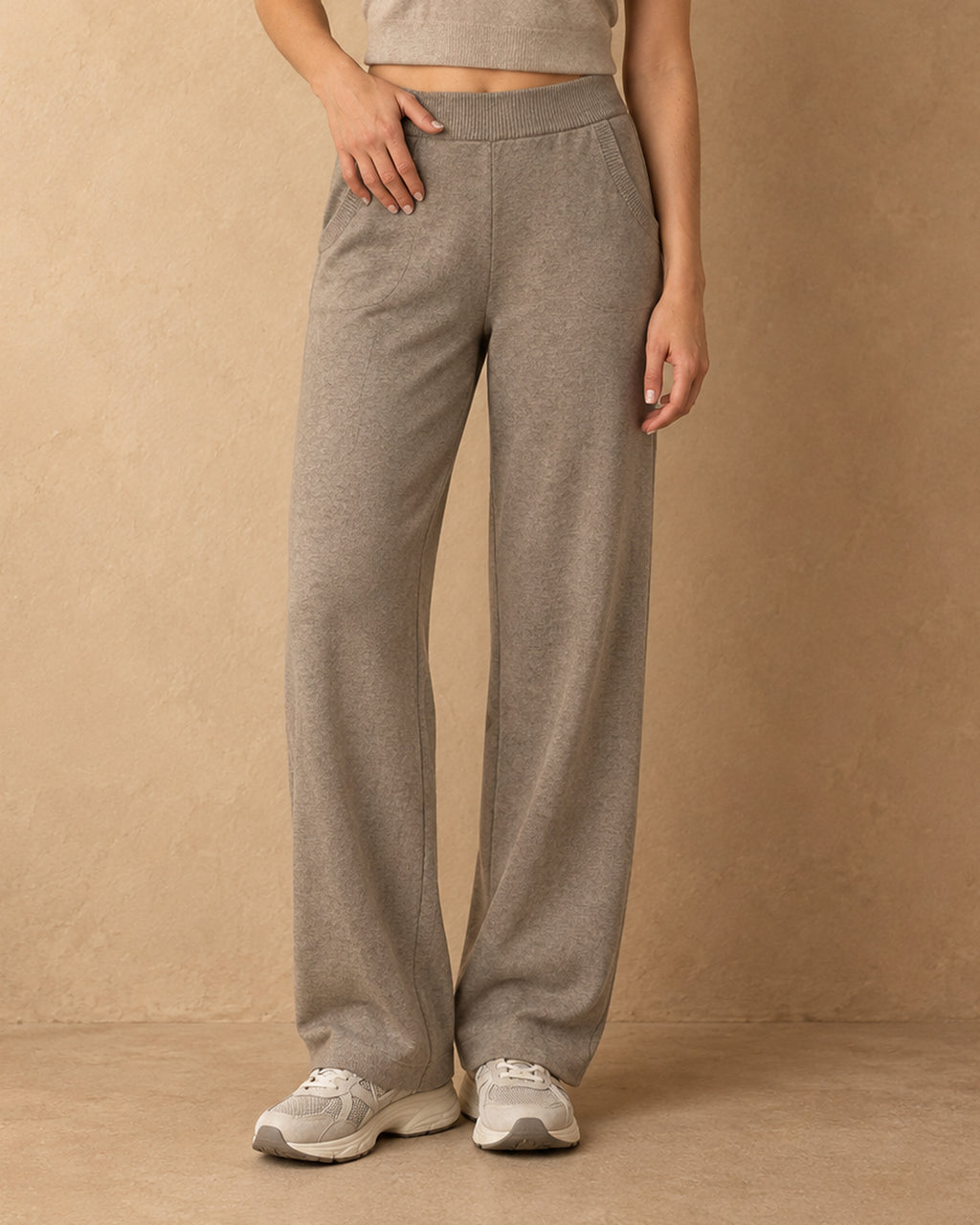 Straight-Leg Knit Trousers in Cashmere, Beige, front view