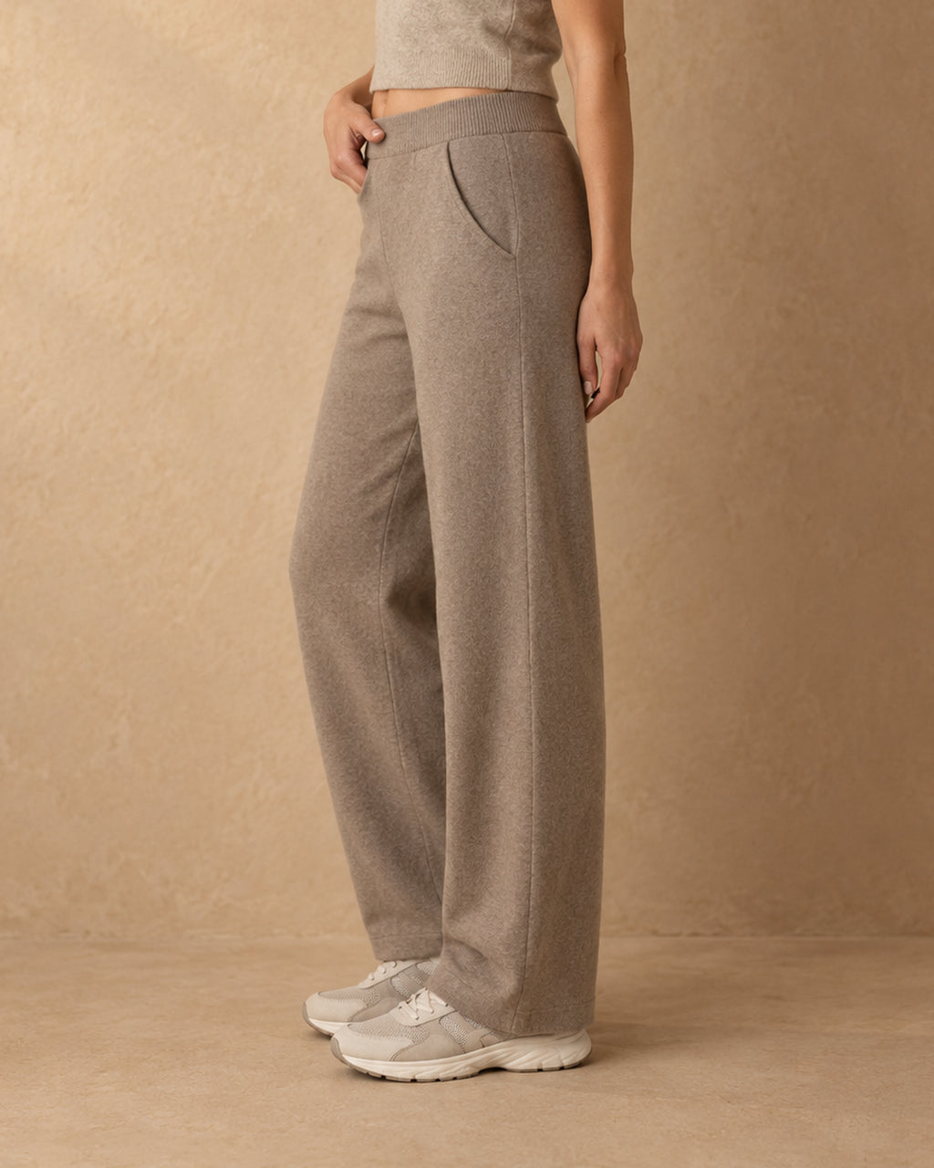 Straight-Leg Knit Trousers in Cashmere, Beige, side view