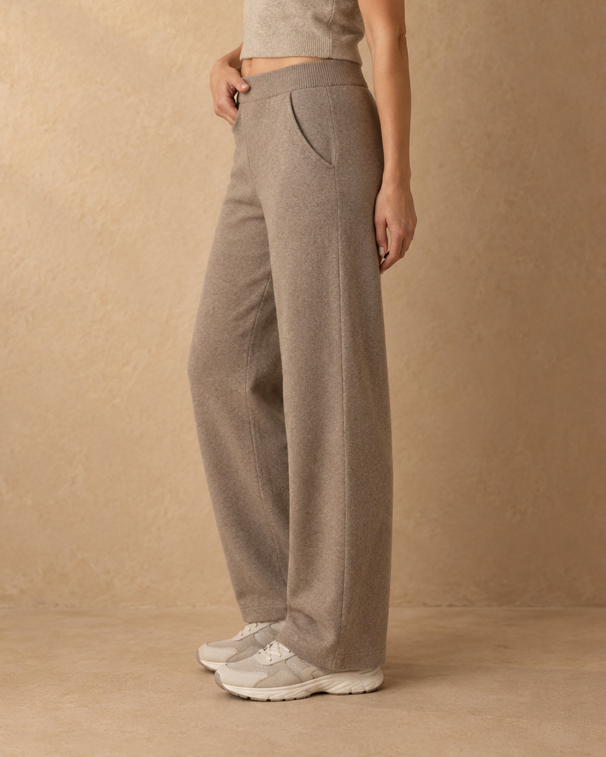 Straight-Leg Knit Trousers in Cashmere, Beige, side view