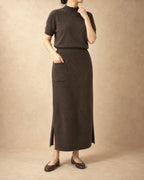 Long Straight Knit Skirt in Yak Wool, Brown, 3q view