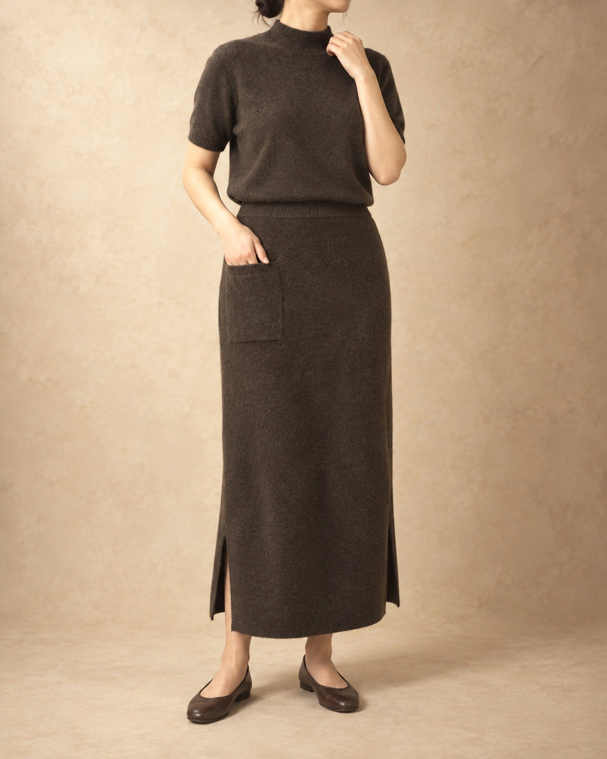 Long Straight Knit Skirt in Yak Wool, Brown, 3q view