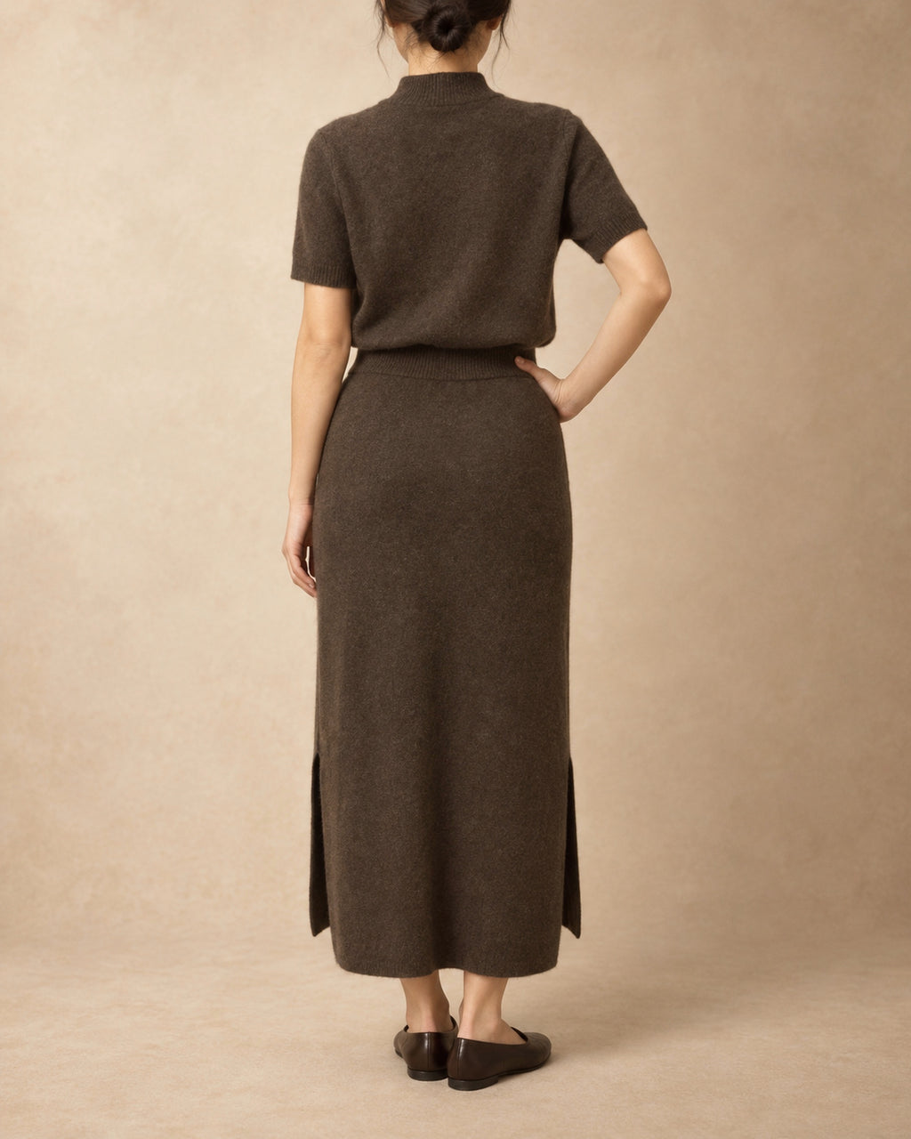 Long Straight Knit Skirt in Yak Wool, Brown, back view