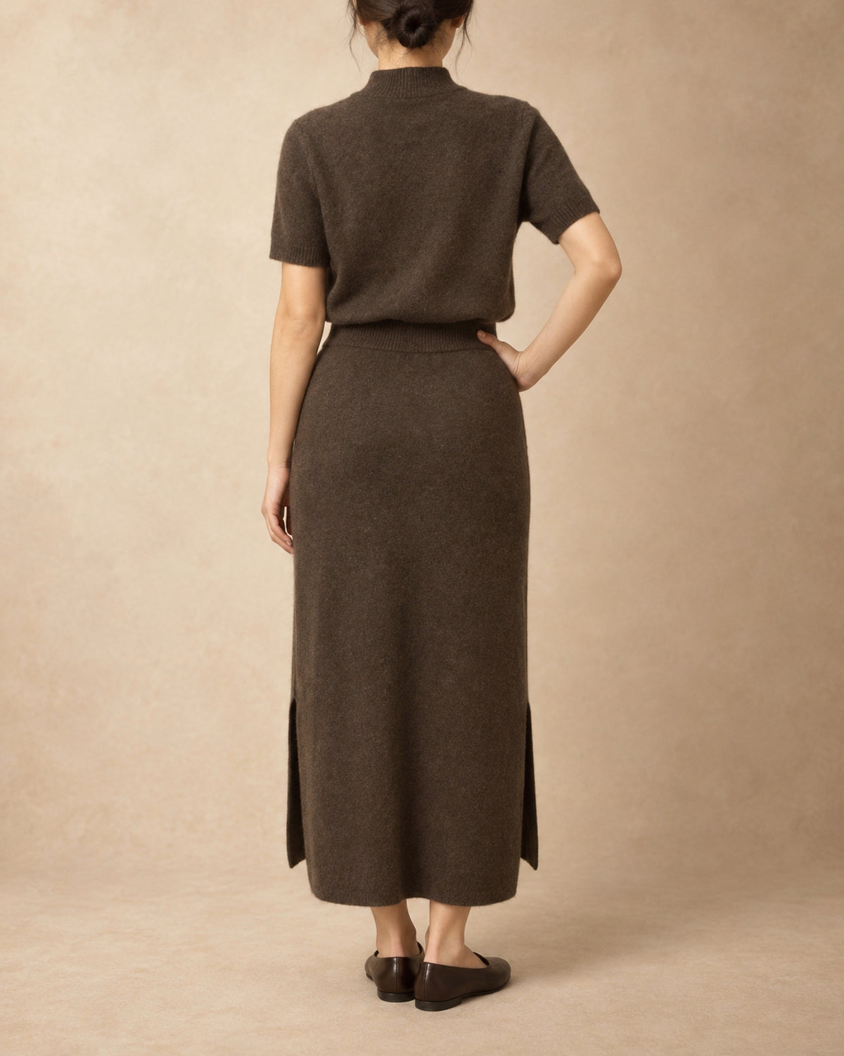 Long Straight Knit Skirt in Yak Wool, Brown, back view