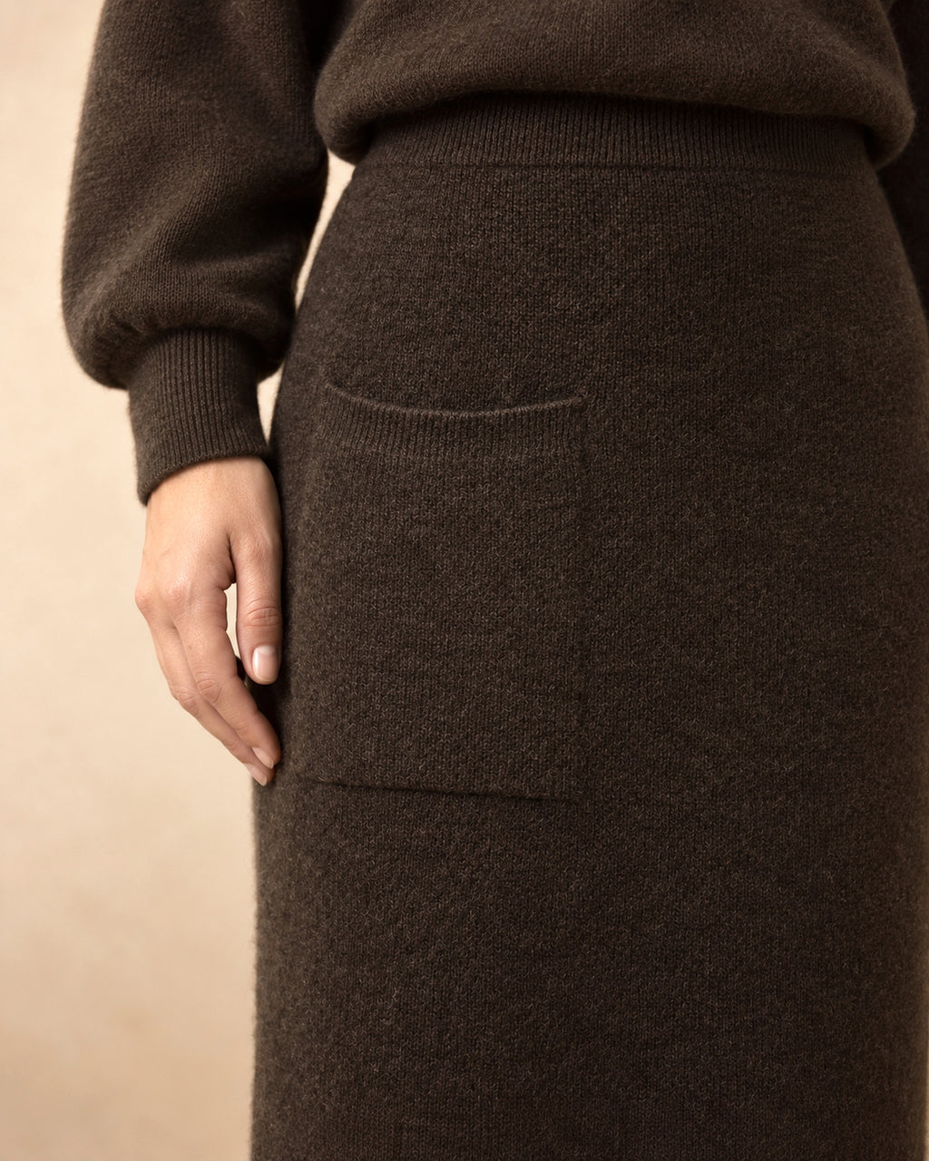Long Straight Knit Skirt in Yak Wool, Brown, detail view