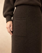Long Straight Knit Skirt in Yak Wool, Brown, detail view