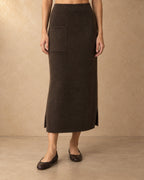 Long Straight Knit Skirt in Yak Wool, Brown, front view