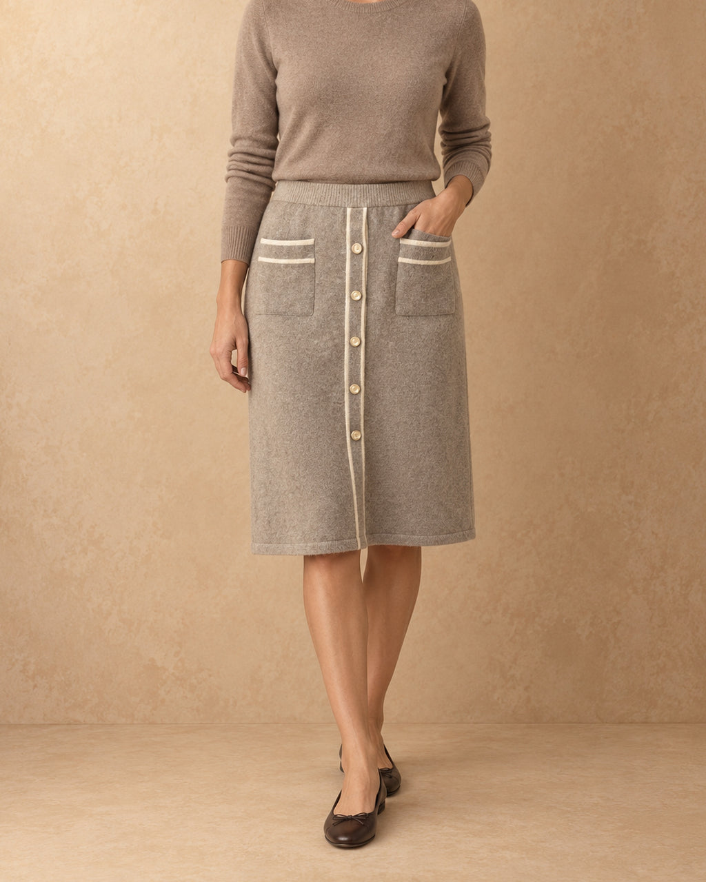 Bayan Cashmere Button-Front Pocket Skirt, Beige, front view