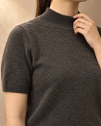 Short-Sleeve Mock-Neck Jumper in Yak Wool, Brown, detail view