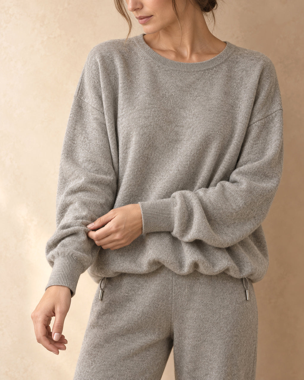 Drawstring-Hem Jumper in Cashmere, Beige, detail view