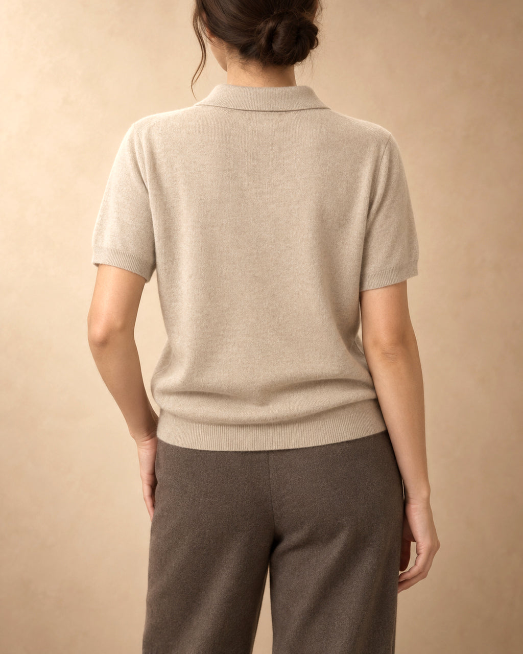 Short-Sleeve Polo Jumper in Cashmere, Beige, back view