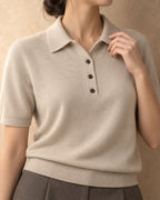 Short-Sleeve Polo Jumper in Cashmere, Beige, detail view