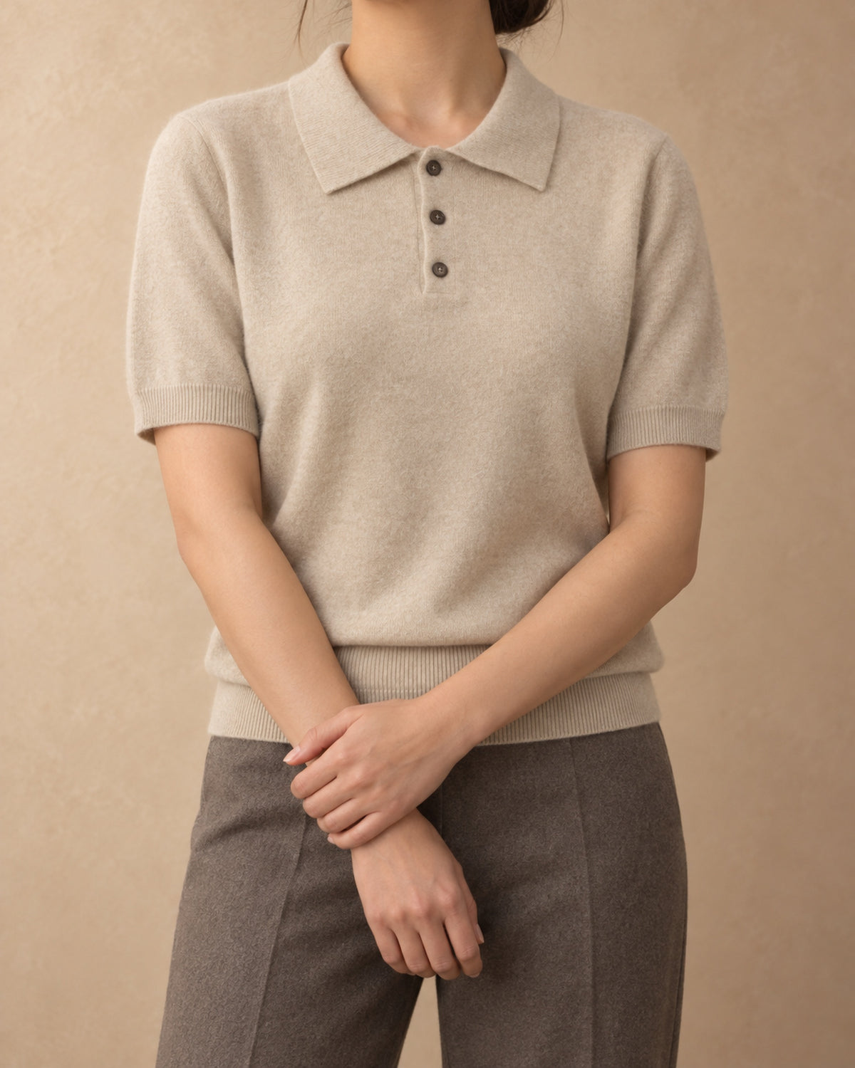 Short-Sleeve Polo Jumper in Cashmere, Beige, front view