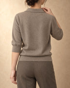 Short-Sleeve Open-Collar Polo in Cashmere, Beige, back view