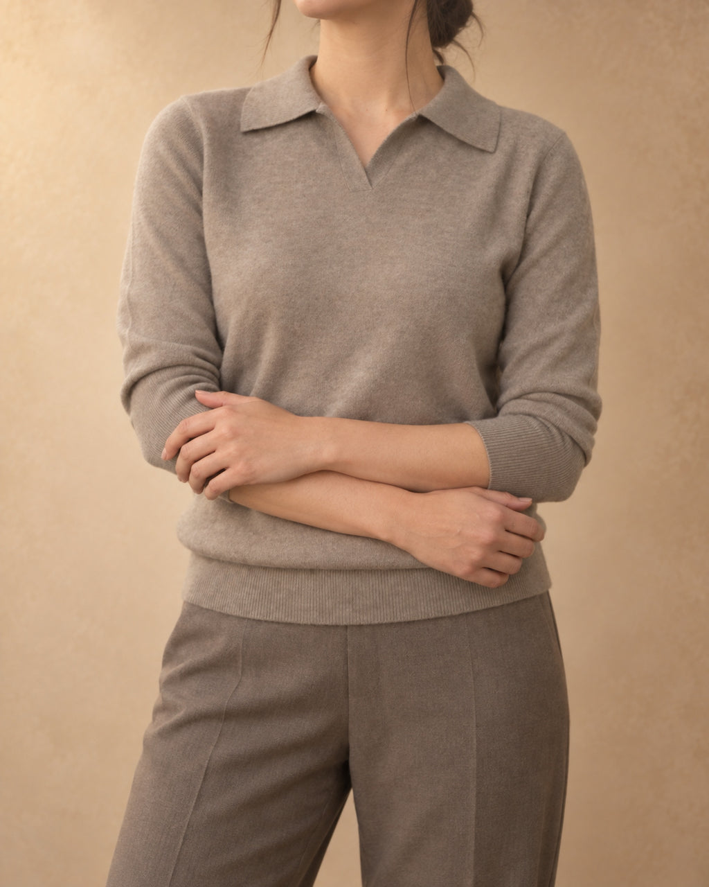Short-Sleeve Open-Collar Polo in Cashmere, Beige, front view