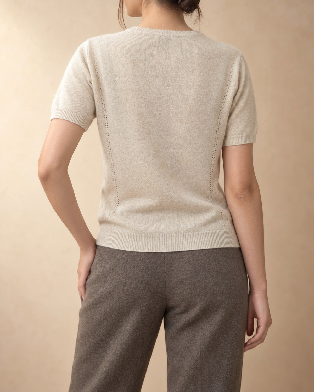 Short-Sleeve Eyelet Pullover in Cashmere, Beige, back view