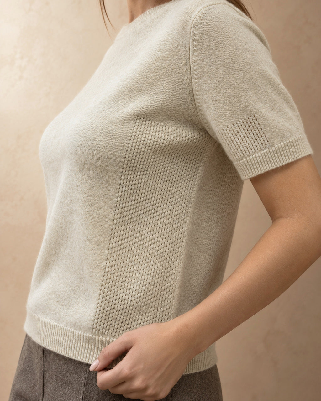 Short-Sleeve Eyelet Pullover in Cashmere, Beige, detail view
